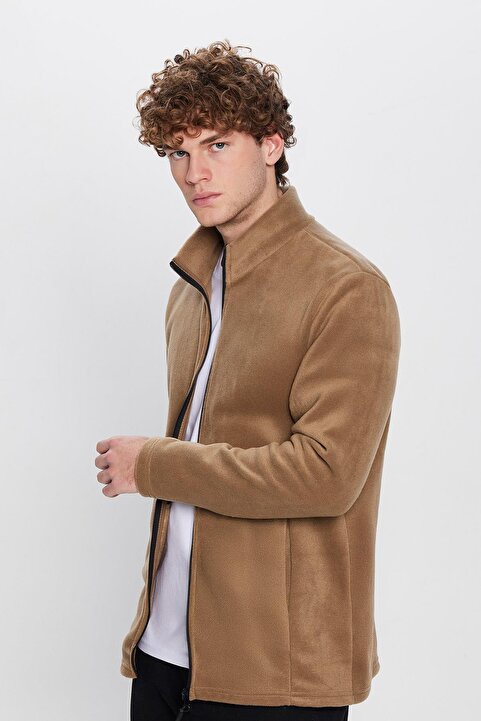 Tudors Unisex Standart Fit Tam Fermuarlı Soğuğa Kaşı Dayanıklı Dik Yaka Haki Polar Hırka