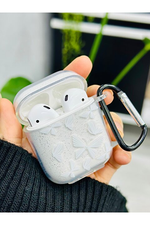 Go Aksesuar Airpods 1. Nesil Ve 2. Nesil Uyumlu Kelebek Tasarımlı Simli Kalın Şeffaf Silikon Kılıf