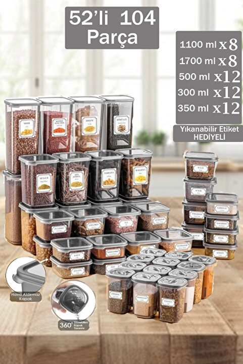 Home Via 52 Adet 104 Parça Kare Erzak Ve Bakliyat Saklama Kabı 12x(300ML 350 ML 500ML) 8x(1100ML 1700ML)