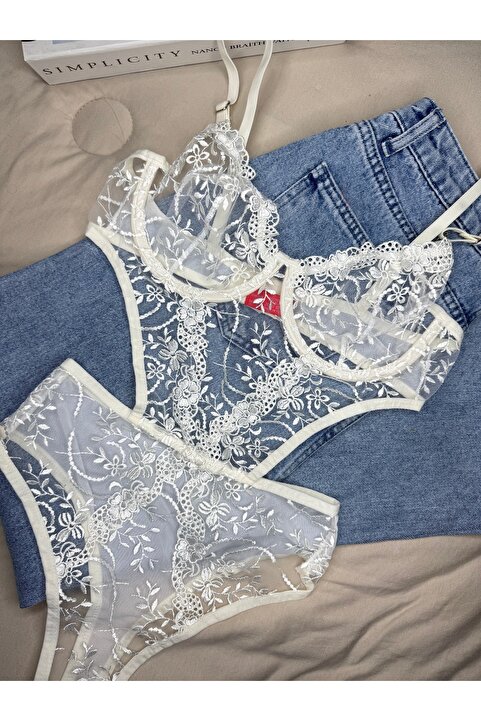 ROZENİN LINGERIE Ekru Çiçekli Brode Balenli Kapsız Bodysuit