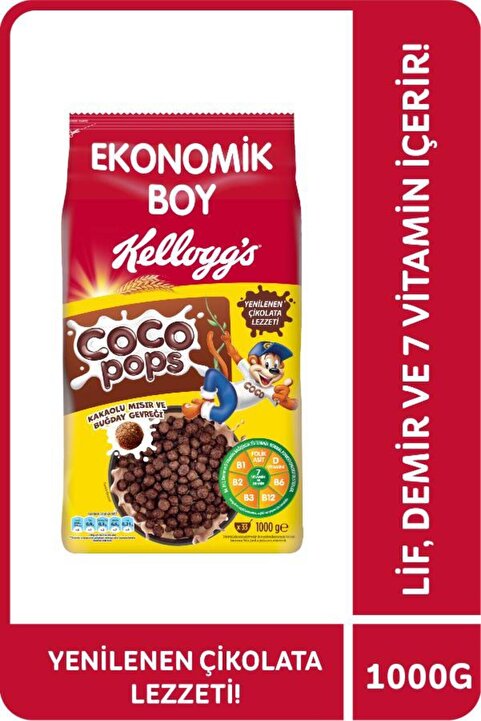 Kellogg's Coco Pops Kakaolu Buğday Ve Mısır Gevreği 1000 G,lif, Demir Ve 7 Vitamin Içerir