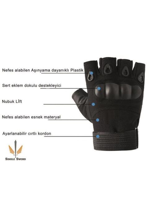 Mini Askeri Malzeme ve Tactical M Taktik Eldiven Kesik Parmak Korumalı Siyah
