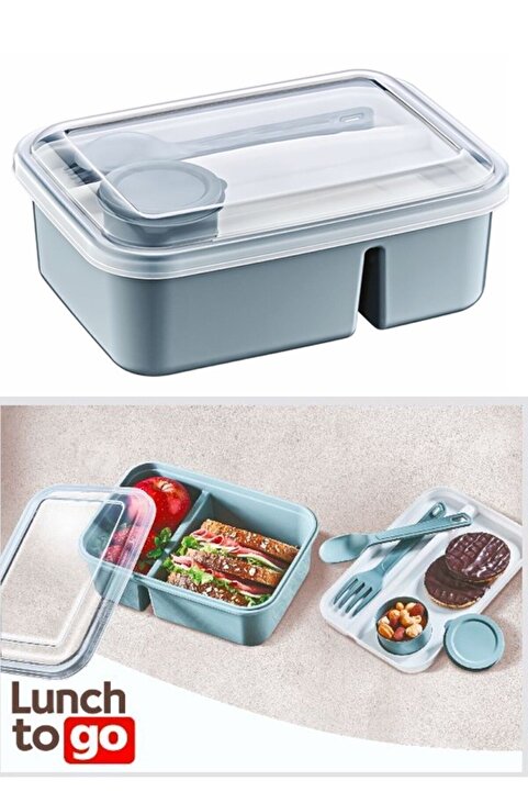 HOLLYHOME Lunch To Go Beslenme Kabı Bölmeli Sosluklu Plastik Beslenme Kutusu 920ml 40ml 14,5x20x7,4(H)cml Mavi