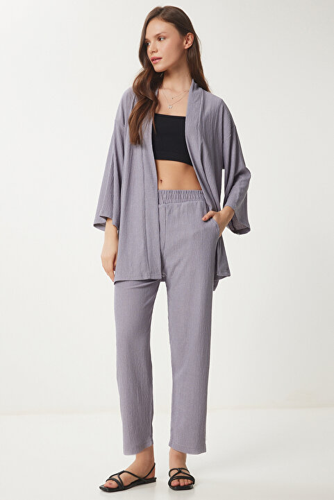 Happiness İstanbul Kadın Taş Grisi Kimono Pantolon Örme Takımı BY00050
