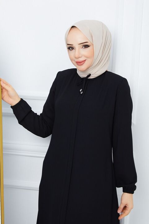 MODA ESRE FASHION Tesettür Giyim Krep Kumaş Ferace Yaka Bağcıklı Siyah