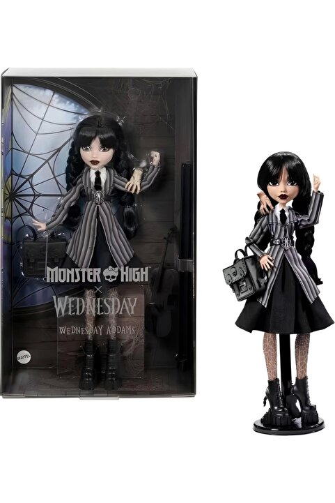 MONSTER HIGH Wednesday Okul Üniformalı Bebek, koleksiyonluk Wednesday Addams, el figürü Thing HXJ04