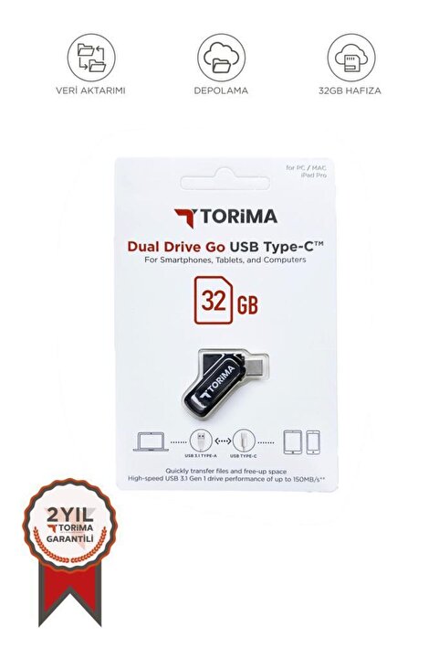 Torima USB Flash Bellek Type C OTG Çift Sürücülü 32GB Siyah
