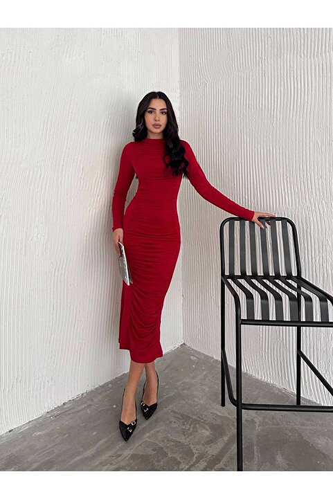 By Kuzey Aras Kırmızı Sandy Kumaş Önü Drapeli Midi Boy Elbise