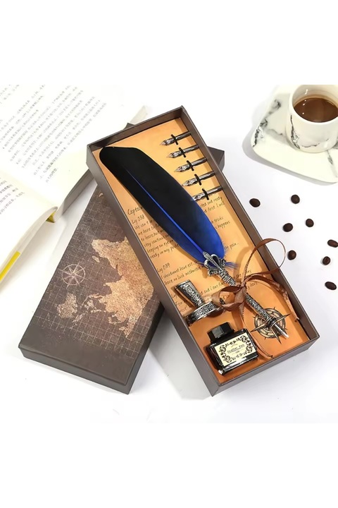 Sensoria Kuş Tüylü Divit Kalem Seti Nostaljik Özel Kutusunda Hediyelik Hokka Dolma Kalem Seti Kaligrafi Kalem
