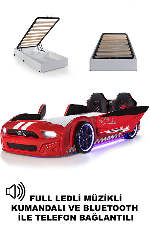 Ferramini Bazalı Arabalı Yatak Kırmızı Kapıları Açılan Mustang Full Ledli Kumandalı ve Müzikli