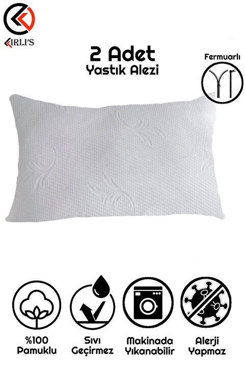Kırlı's Sıvı Geçirmez %100 Pamuk Fermuarlı Yastık Alezi Yastık İçi Yastık Kılıfı Yumuşak 2 Adet