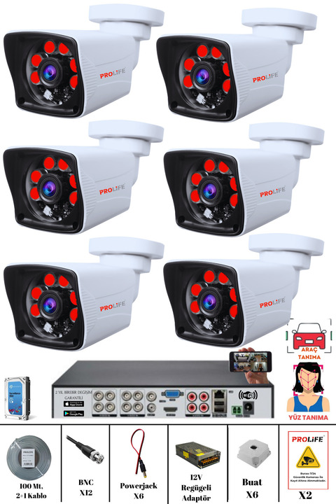 PROLİFE 6 Kameralı 5mp Lensli 1080p Fullhd Kamera Seti - Gece Görüşlü - Su Geçirmez - Cepten Izle