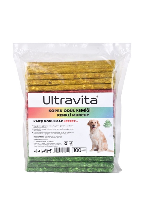 ULTRAVİTA 100lü Yüksek Proteinli Kurutulmuş Munchy Renkli Çiğnemelik Köpek Ödül Maması Kemiği 600gr