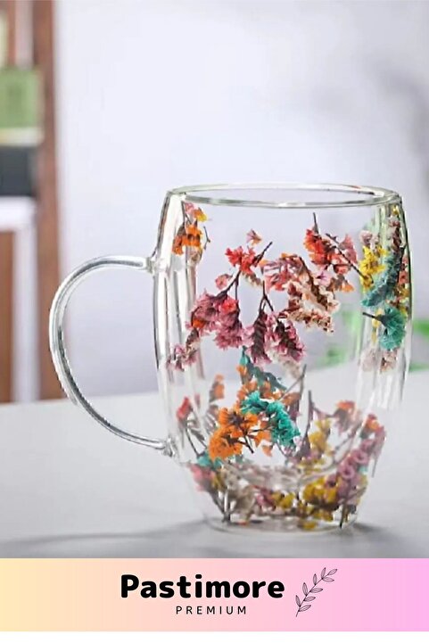 Genel Markalar Özel Üretim Hediyelik Çift Camlı Şık Dayanıklı Orijinal Kurutulmuş Çiçekli Estetik Kupa Bardak 350ml