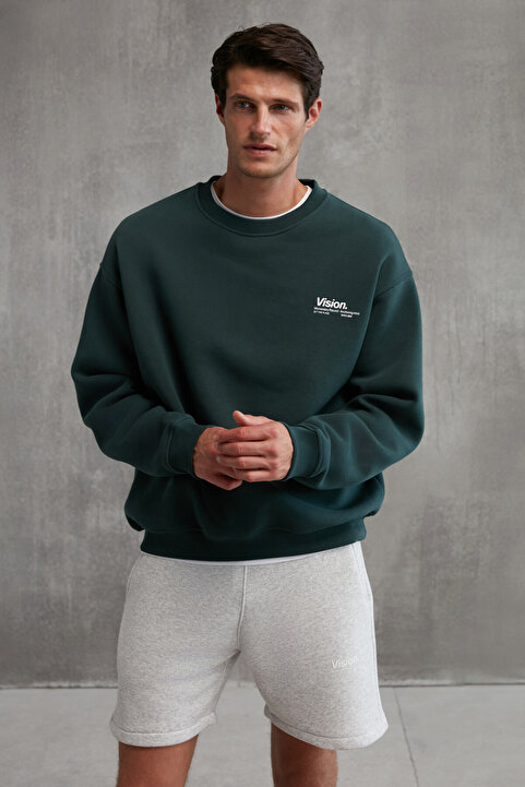 GRIMELANGE Ernest Erkek Organik Pamuklu Yumuşacık Baskı Detaylı Bisiklet Yaka Içi Polarlı Koyu Yeşil Sweatshirt