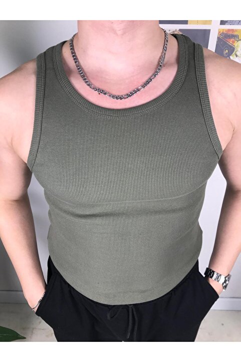 DUNGA Erkek Haki Fitilli Atlet - Likralı Pamuk Kaşkorse Halter Yaka Tank Top Atlet