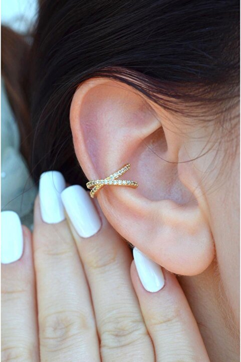 Sacce Scarves&Accessories Delik Gerektirmeyen Kıkırdak Küpesi Çapraz Model Earcuff Gold Renk