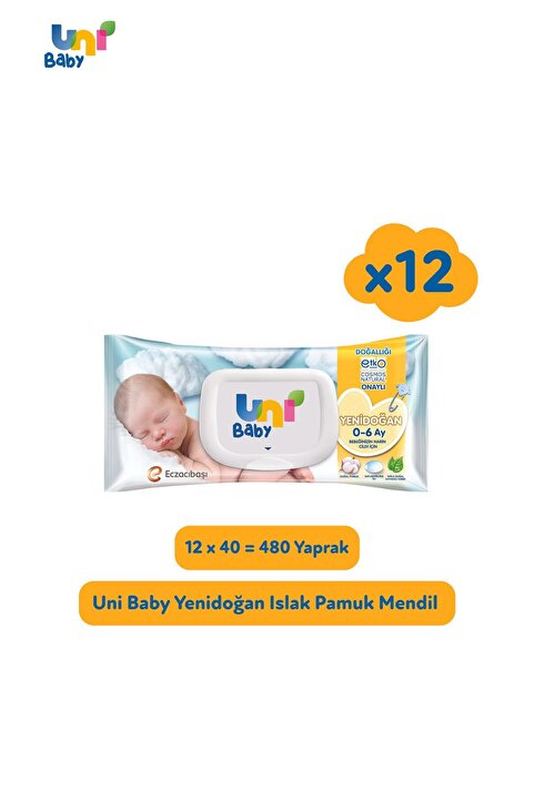 Uni Baby Yenidoğan Islak Pamuk Mendil 12x40 (480 YAPRAK)