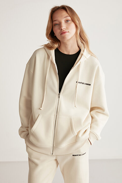 GRIMELANGE Ametıs Kadın Oversize Organik Pamuklu Metal Fermuarlı Kapüşonlu Vanilya Sweatshirt