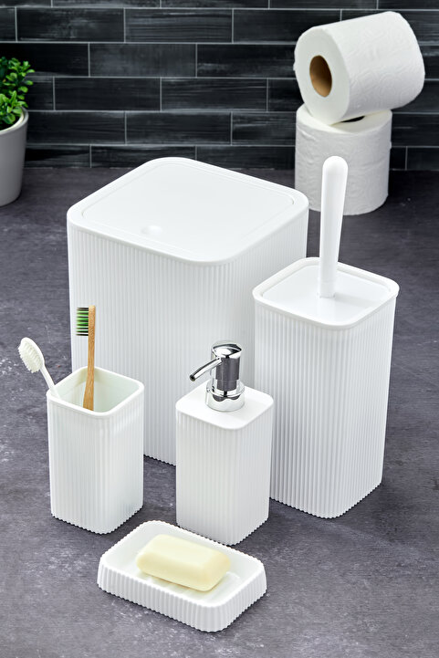 Homie Line 5 Parça Kare Banyo Seti - Çöp Kovası WC Fırçası Sıvı-Katı Sabunluk Diş Fırçası