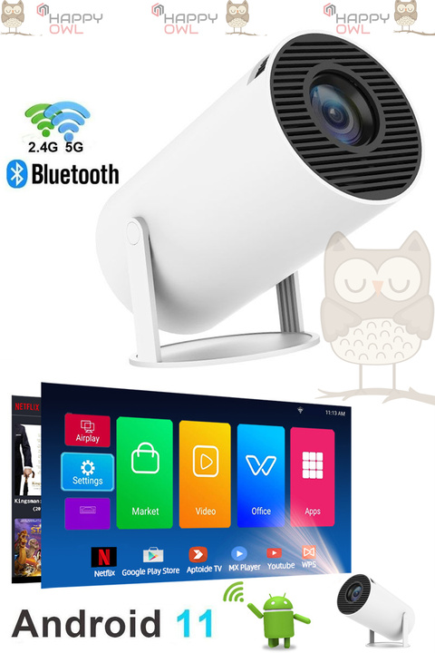 Happy Owl Taşınabilir Sinema Projektörü 4K Ev Sineması Android 12 130" inç Yansıtma Projeksiyon.