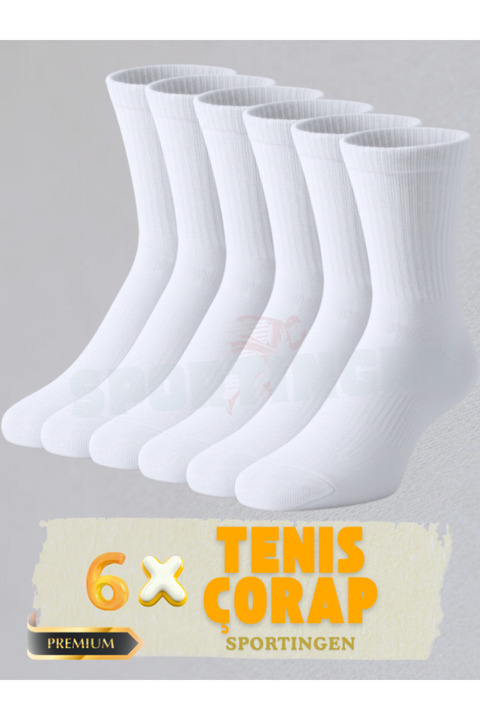 Sportingen 6 Çift Tenis Çorabı Fitilli Beyaz Unisex - Premium Kalite Tenis Çorabı Soket Boy Pamuklu