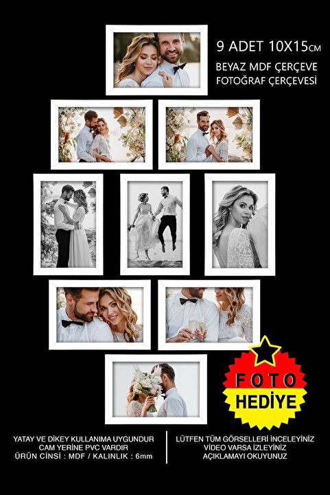 bymat 9 Adet 10x15 Çerçeve - Beyaz Çerçeve - Mdf Mini Çerçeve - Çoklu Fotoğraf Çerçeve