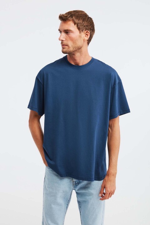 GRIMELANGE Jett Erkek Oversize Fit %100 Organik Pamuk Kalın Dokulu Bisiklet Yakalı Lacivert T-shirt