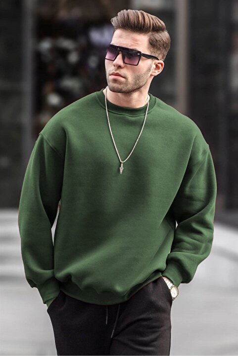 Madmext Haki Bisiklet Yaka Oversize Şardonlu Basic Erkek Sweatshirt 6048