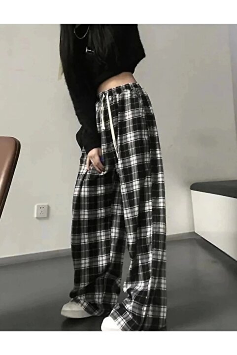 Violon Harajuku Kare Ekose Desenli Siyah Unisex Rahat Kesim Pijama Eşofman Altı
