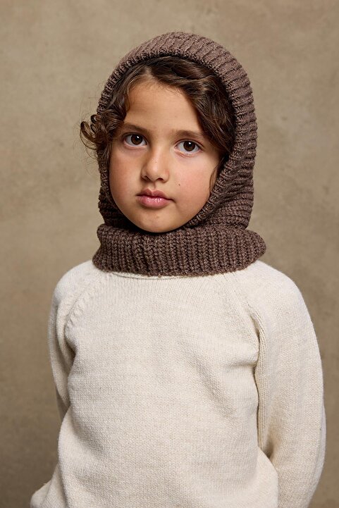 Fahhar Kids Örme Çocuk Balaclava Bere Kahve