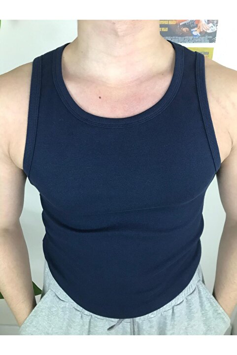 DUNGA Erkek Gece Mavisi Fitilli Atlet - Likralı Pamuk Kaşkorse Halter Yaka Tank Top Atlet