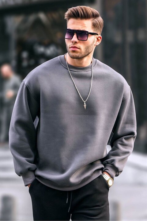 Madmext Füme Bisiklet Yaka Oversize Şardonlu Basic Erkek Sweatshirt 6048