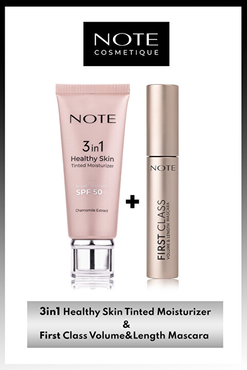 Note Cosmetics 3 In 1 Tinted Ton Eşitleyici 50 SPF Krem & First Class Hacim ve Uzatma Etkili Maskara Makyaj Seti