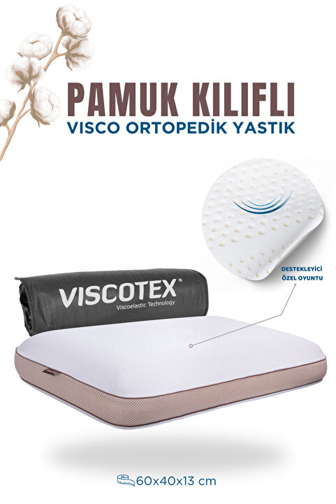 VİSCOTEX Pamuk Kılıflı Medium Boyun Destekli Visco Ortopedik Yastık, Kahverengi, 60x40x13 Cm