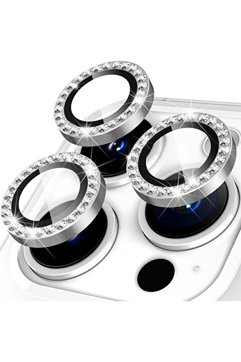Fibaks iPhone 15 Pro/Pro Max ve 16 Pro/Pro Max Parlak Taşlı Kamera Koruma Renkli Lens Temperli Cam Koruma