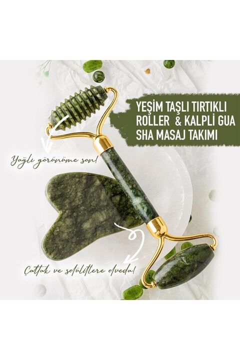 OSMANLI DOĞAL TAŞ Orijinal Yeşim Tırtıklı Roller ve Kalp Gua Sha Yüz Masaj Seti Sertifikalı Gerçek Doğal Taş 2'li Set