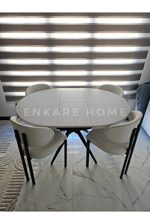Enkare Oliva Masa Badem Sandalye Takımı - Açılabilir Yuvarlak Mdf Masa + 4 Sandalye | Mutfak, Salon 100x100