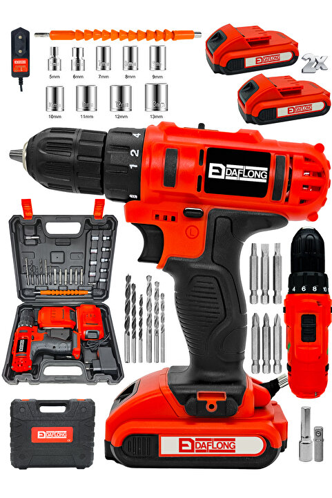 Daflong E-tech Çelik Şanzıman Bakır Sargılı Çift Akülü Şarjlı Matkap-krmz