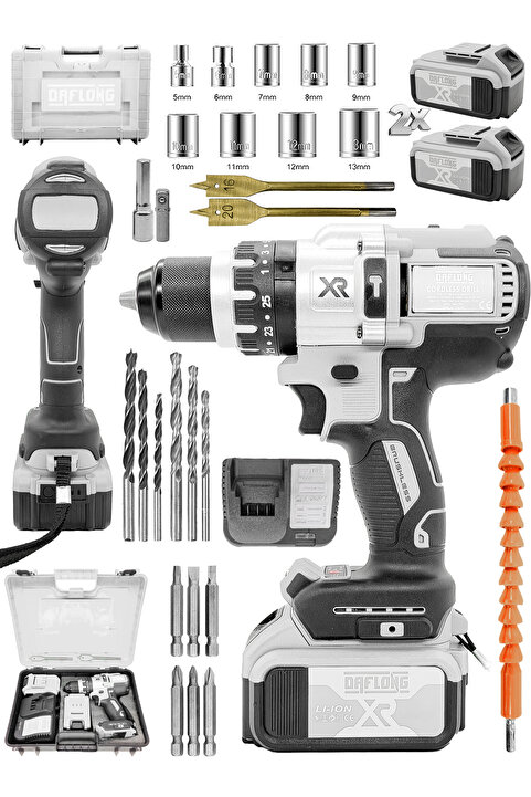 Daflong Brushless Çelik Şanzıman 10 Pilli Çift Akülü Darbeli Şarjlı Matkap Vidalama-beyaz