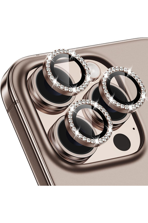 Fibaks iPhone 15 Pro/Pro Max ve 16 Pro/Pro Max Kamera Koruma Parlak Renkli Taşlı Lens Koruyucu Cam Koruma