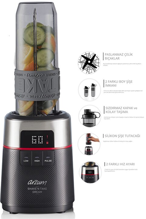 Arzum Shake'N Take Dream Kişisel Smoothie Blender 500W 570ml ve 400ml Şişe Siyah - AR1148