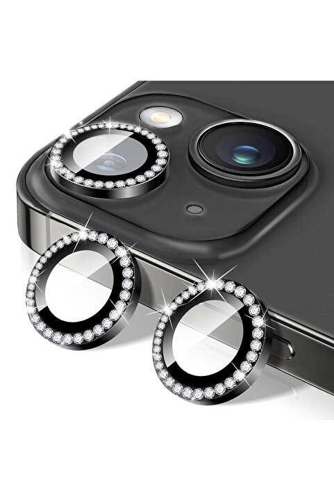 Fibaks iPhone 13 & 13 Mini Taşlı Parlak Kamera Lens Koruyucu Cam ve Çerçeve Kamera Koruma Lensi Siyah