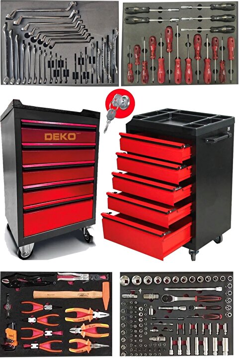 DEKO TURKEY XL TREND SERİ 5 Çekmeceli İçi Dolu 185 PARÇA Full Set Alet Dolabı Atölye Usta Seti Takım Arabası