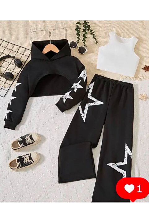 Machetta Kız Çocuk Yıldız Baskılı Crop Sweat Eşofman Altı Takım