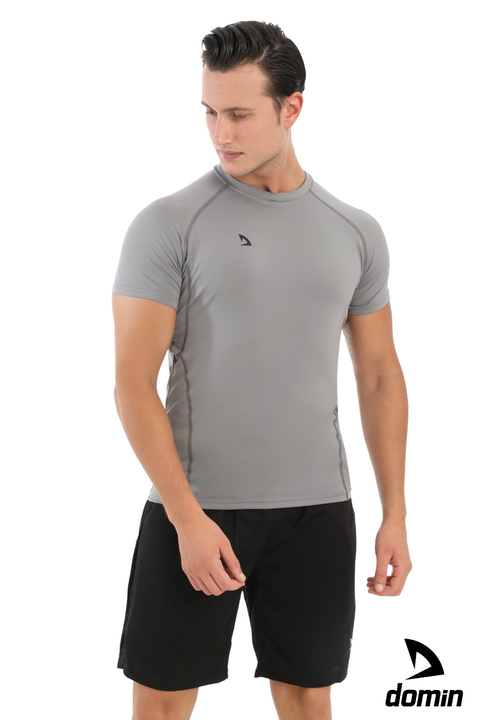 DOMİN SPOR Erkek Kısa Kol Gri Compression Fitness Gym Body Tshirt