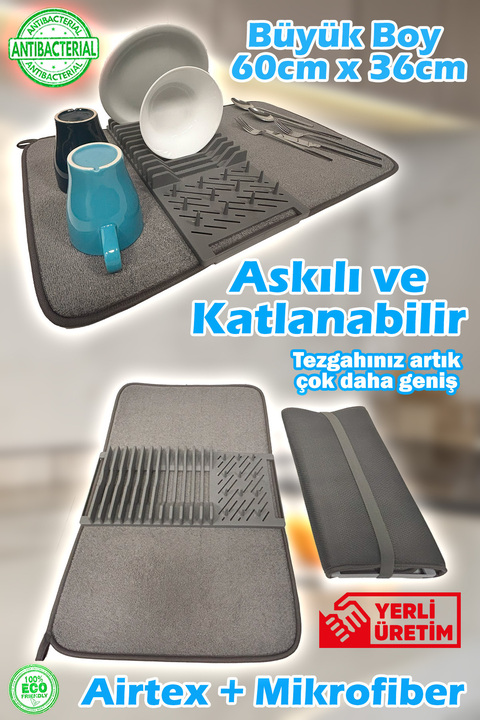 HASBY Büyük Boy 36x60 cm Bulaşıklık Katlanabilir Matlı Mikrofiber Katlanır Bez Mat Tezgah Kurutma