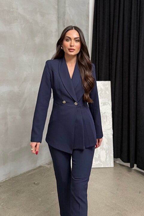 msm fashion Kadın Blazer Ceket Pantolon Takım Lacivert Pile Detaylı Boru Paça