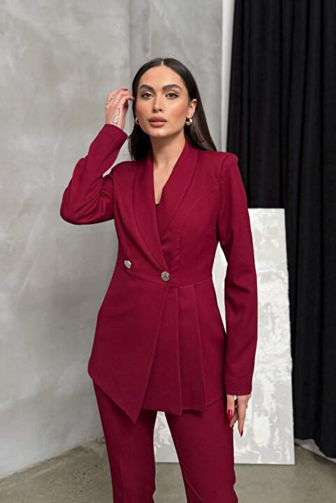 msm fashion Kadın Bordo Blazer Ceket Pantolon Takım Pileli Düğme Detaylı Boru Paça
