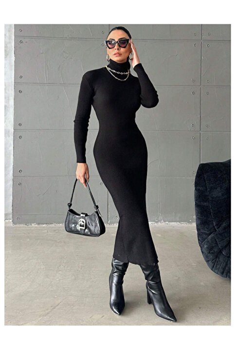 DESING HS Balıkçı Yaka Midi Boy Fitilli Pamuklu Kalem Elbise